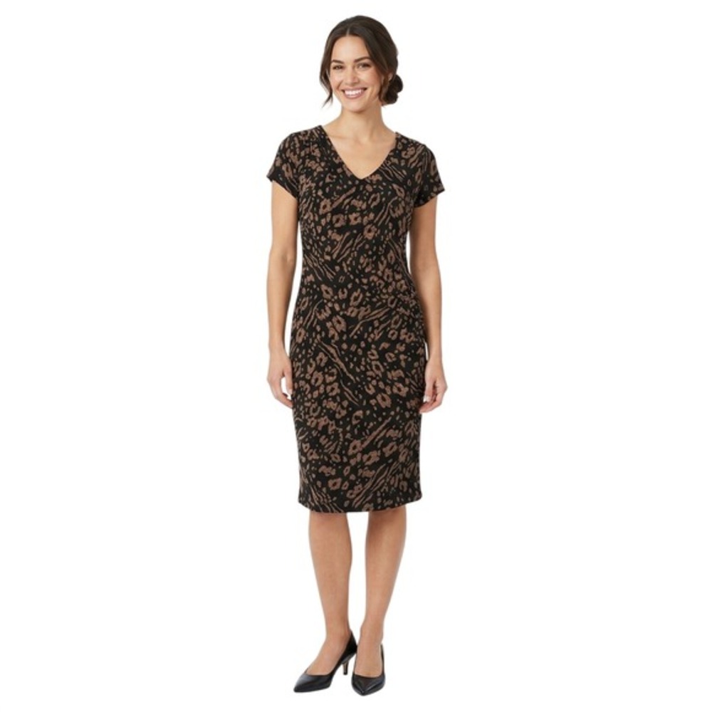 Miss Tina‎ by Tina Knowles Leopard Print V-Neck Sheath Dress Brown Black Large